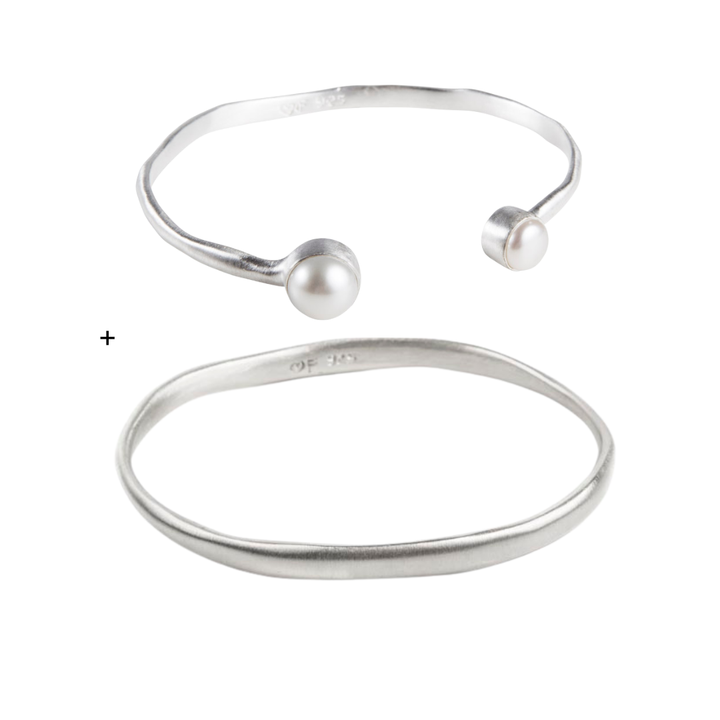BRUSHED BANGLE AND DOUBLE PEARL CUFF