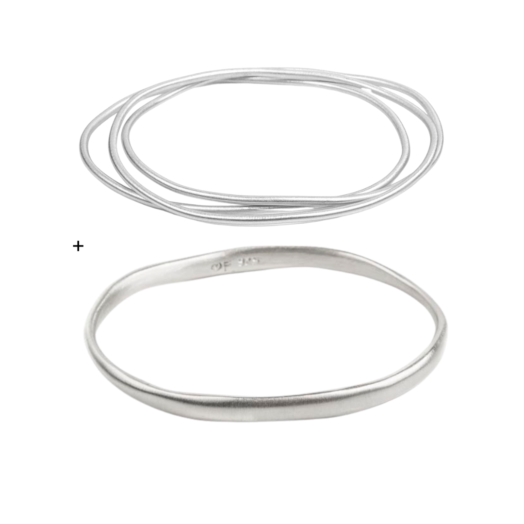 Multi Bangle Set & Brushed Bangle Bundle Silver