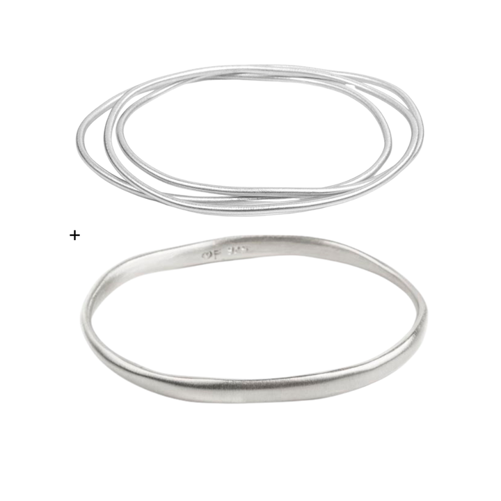 Multi Bangle Set & Brushed Bangle Bundle Silver