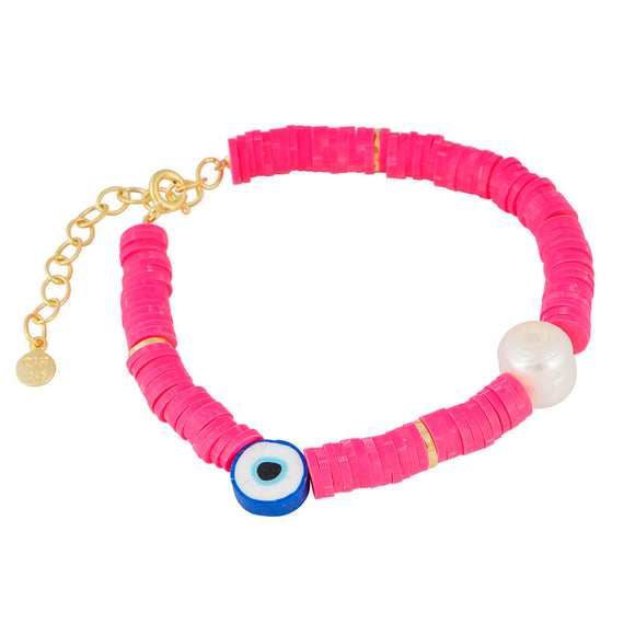 EVIL EYE PEARL BRACELET - HOT PINK