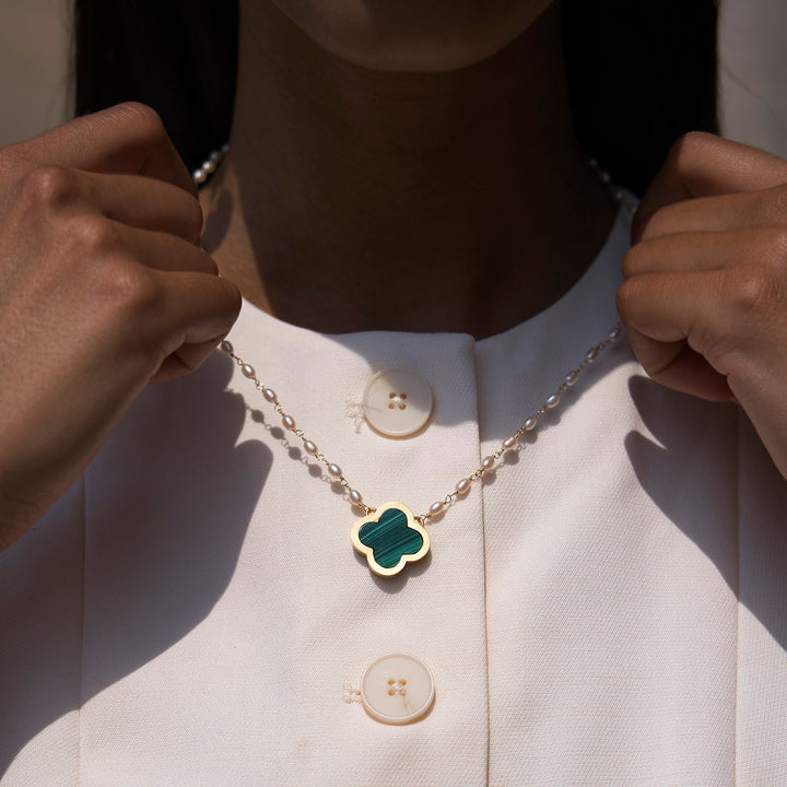 PEARL MALACHITE CLOVER NECKLACE