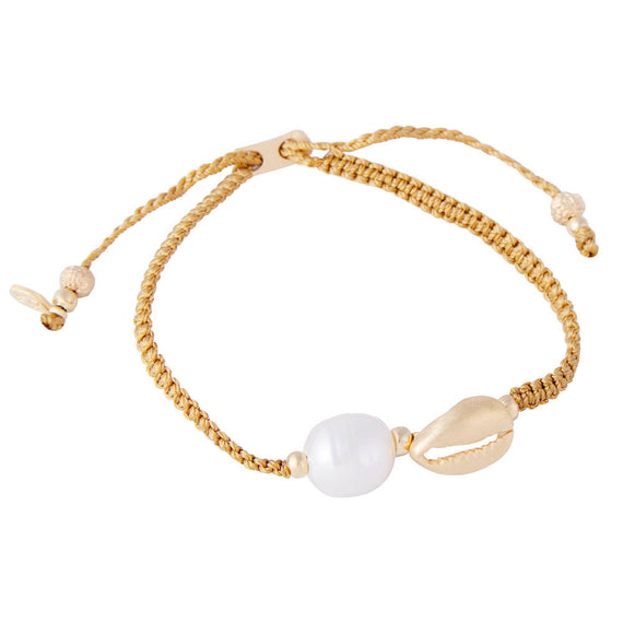 PEARL COWRIE SHELL ROPE BRACELET - ANTIQUE GOLD